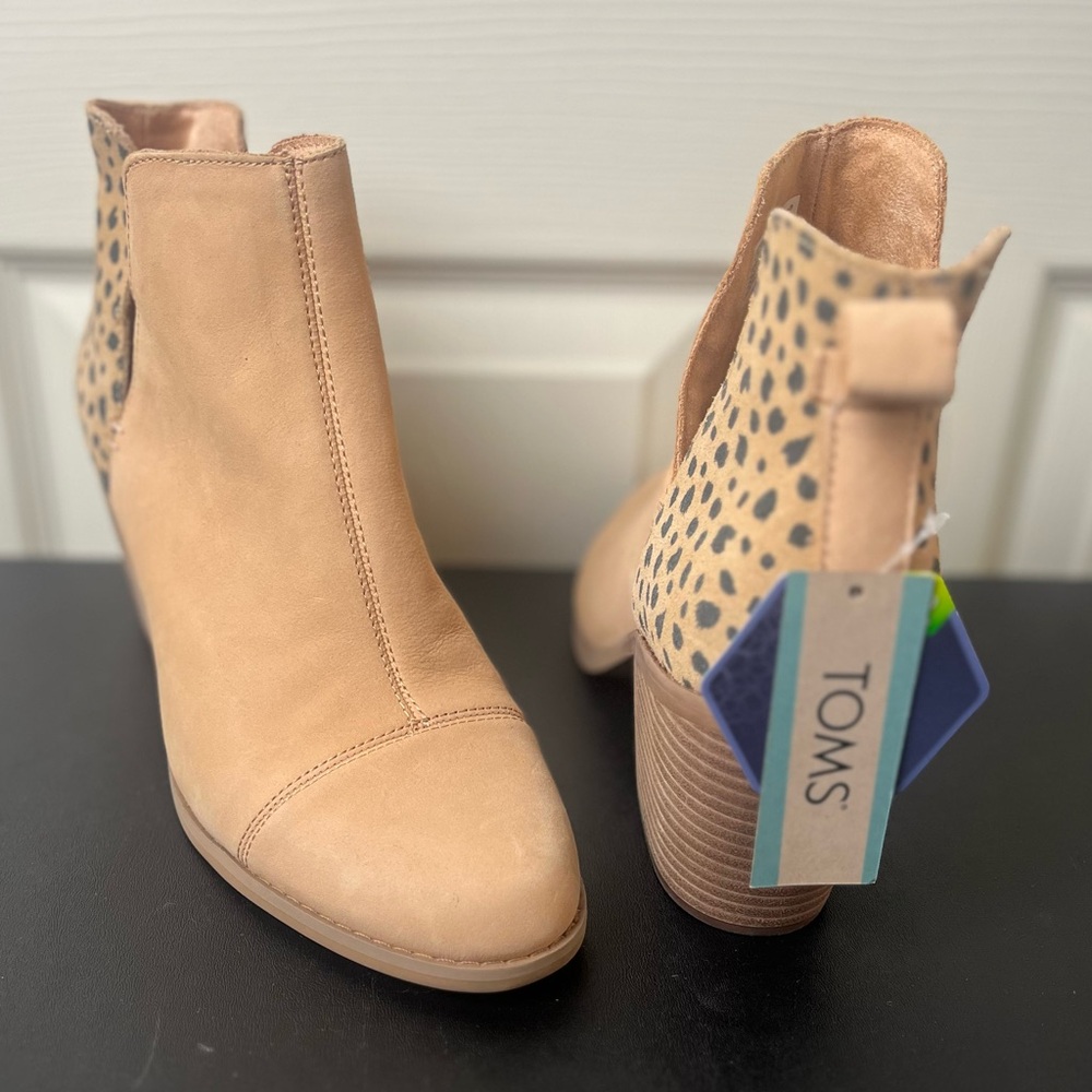 Toms Tan Leather Ankle Boots with Leopard Print Heel